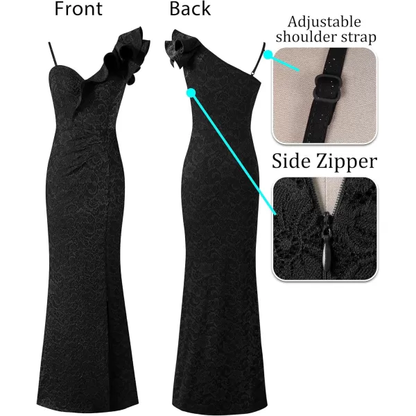 VFSHOW Womens Ruffle One Shoulder Strap Ruched Formal Prom Wedding Maxi Dress V Neck Elegant Split Cocktail Evening Long GownBlack Floral Lace