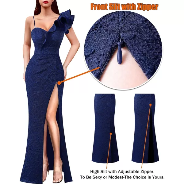 VFSHOW Womens Ruffle One Shoulder Strap Ruched Formal Prom Wedding Maxi Dress V Neck Elegant Split Cocktail Evening Long GownBlue Floral Lace