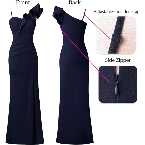 VFSHOW Womens Ruffle One Shoulder Strap Ruched Formal Prom Wedding Maxi Dress V Neck Elegant Split Cocktail Evening Long GownDark Navy Blue