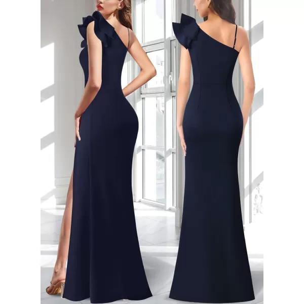 VFSHOW Womens Ruffle One Shoulder Strap Ruched Formal Prom Wedding Maxi Dress V Neck Elegant Split Cocktail Evening Long GownDark Navy Blue