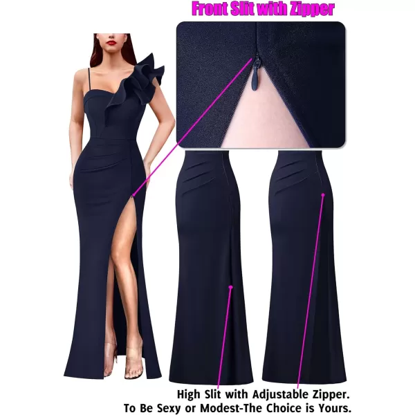 VFSHOW Womens Ruffle One Shoulder Strap Ruched Formal Prom Wedding Maxi Dress V Neck Elegant Split Cocktail Evening Long GownDark Navy Blue