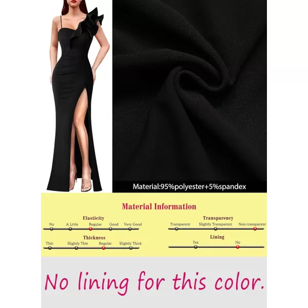 VFSHOW Womens Ruffle One Shoulder Strap Ruched Formal Prom Wedding Maxi Dress V Neck Elegant Split Cocktail Evening Long GownSolid Black