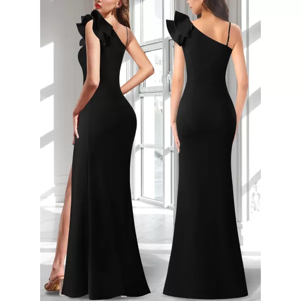 VFSHOW Womens Ruffle One Shoulder Strap Ruched Formal Prom Wedding Maxi Dress V Neck Elegant Split Cocktail Evening Long GownSolid Black