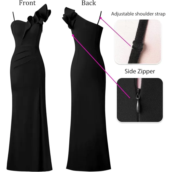 VFSHOW Womens Ruffle One Shoulder Strap Ruched Formal Prom Wedding Maxi Dress V Neck Elegant Split Cocktail Evening Long GownSolid Black