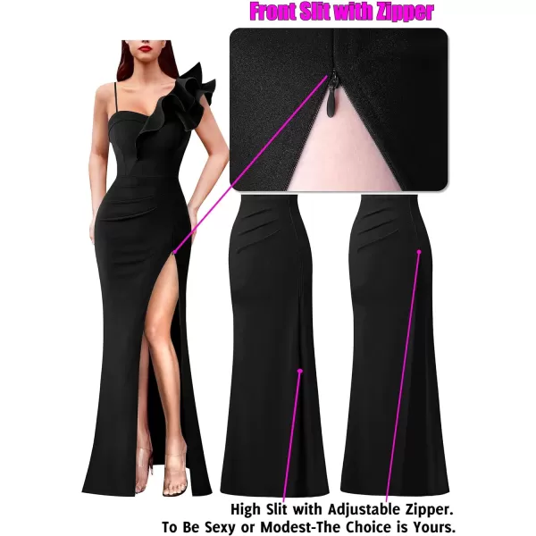 VFSHOW Womens Ruffle One Shoulder Strap Ruched Formal Prom Wedding Maxi Dress V Neck Elegant Split Cocktail Evening Long GownSolid Black