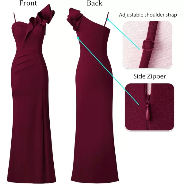 VFSHOW Womens Ruffle One Shoulder Strap Ruched Formal Prom Wedding Maxi Dress V Neck Elegant Split Cocktail Evening Long GownSolid Dark Red