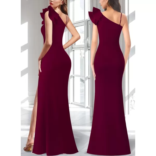 VFSHOW Womens Ruffle One Shoulder Strap Ruched Formal Prom Wedding Maxi Dress V Neck Elegant Split Cocktail Evening Long GownSolid Dark Red