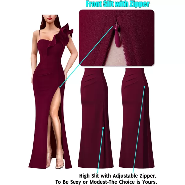 VFSHOW Womens Ruffle One Shoulder Strap Ruched Formal Prom Wedding Maxi Dress V Neck Elegant Split Cocktail Evening Long GownSolid Dark Red