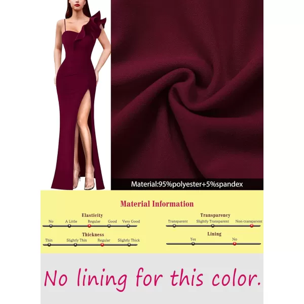 VFSHOW Womens Ruffle One Shoulder Strap Ruched Formal Prom Wedding Maxi Dress V Neck Elegant Split Cocktail Evening Long GownSolid Dark Red