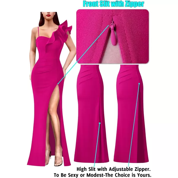 VFSHOW Womens Ruffle One Shoulder Strap Ruched Formal Prom Wedding Maxi Dress V Neck Elegant Split Cocktail Evening Long GownSolid Hot Pink