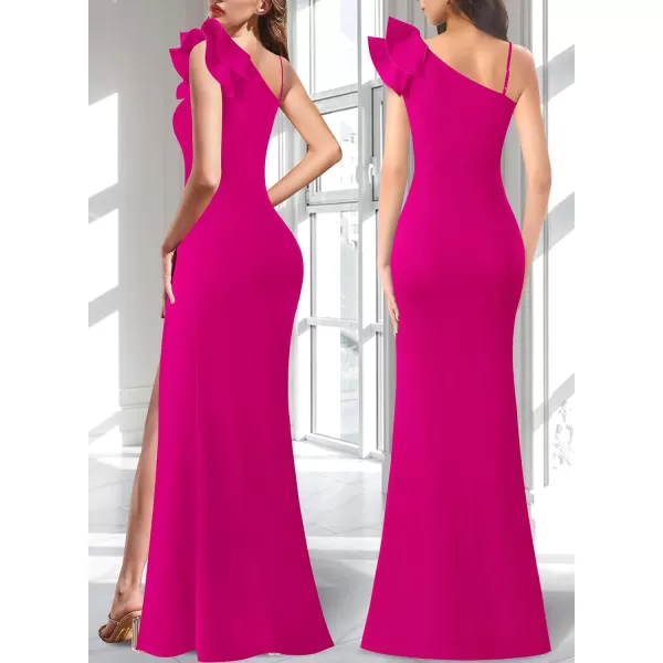 VFSHOW Womens Ruffle One Shoulder Strap Ruched Formal Prom Wedding Maxi Dress V Neck Elegant Split Cocktail Evening Long GownSolid Hot Pink