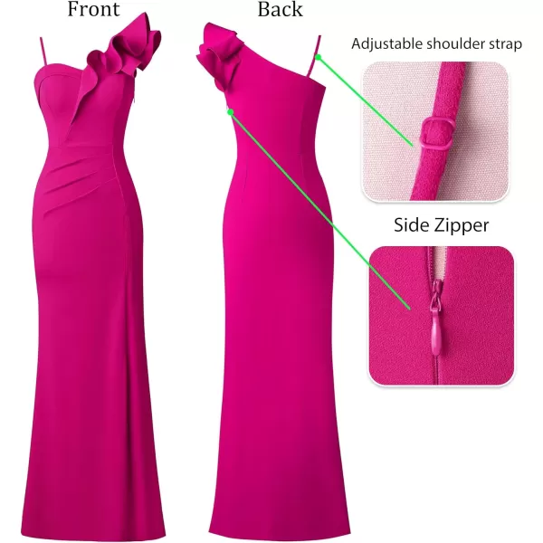 VFSHOW Womens Ruffle One Shoulder Strap Ruched Formal Prom Wedding Maxi Dress V Neck Elegant Split Cocktail Evening Long GownSolid Hot Pink