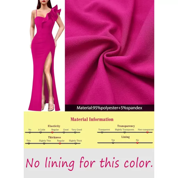 VFSHOW Womens Ruffle One Shoulder Strap Ruched Formal Prom Wedding Maxi Dress V Neck Elegant Split Cocktail Evening Long GownSolid Hot Pink