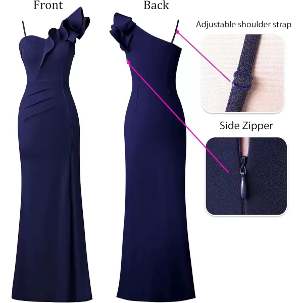 VFSHOW Womens Ruffle One Shoulder Strap Ruched Formal Prom Wedding Maxi Dress V Neck Elegant Split Cocktail Evening Long GownSolid Navy Blue