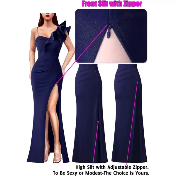 VFSHOW Womens Ruffle One Shoulder Strap Ruched Formal Prom Wedding Maxi Dress V Neck Elegant Split Cocktail Evening Long GownSolid Navy Blue