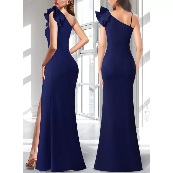 VFSHOW Womens Ruffle One Shoulder Strap Ruched Formal Prom Wedding Maxi Dress V Neck Elegant Split Cocktail Evening Long GownSolid Navy Blue