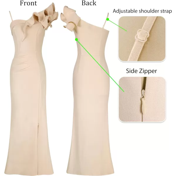 VFSHOW Womens Ruffle One Shoulder Strap Ruched Formal Prom Wedding Maxi Dress V Neck Elegant Split Cocktail Evening Long GownSparkly Beige