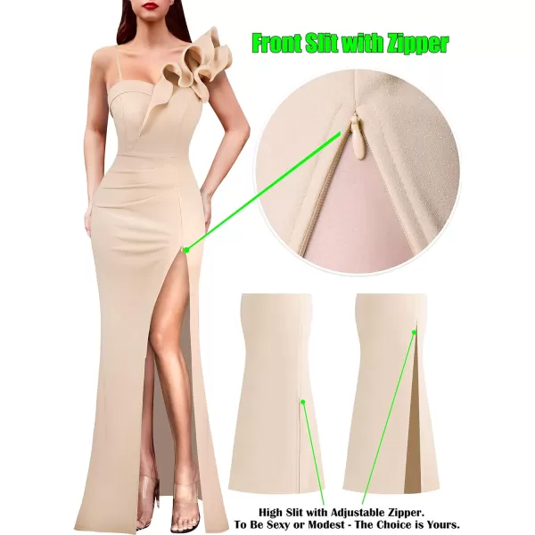 VFSHOW Womens Ruffle One Shoulder Strap Ruched Formal Prom Wedding Maxi Dress V Neck Elegant Split Cocktail Evening Long GownSparkly Beige