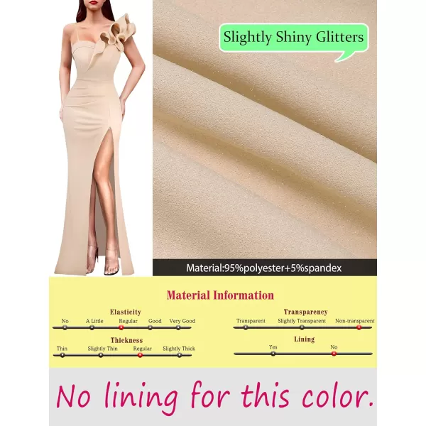 VFSHOW Womens Ruffle One Shoulder Strap Ruched Formal Prom Wedding Maxi Dress V Neck Elegant Split Cocktail Evening Long GownSparkly Beige