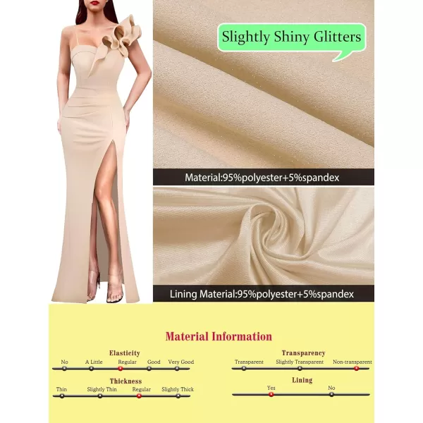 VFSHOW Womens Ruffle One Shoulder Strap Ruched Formal Prom Wedding Maxi Dress V Neck Elegant Split Cocktail Evening Long GownSparkly Beige2