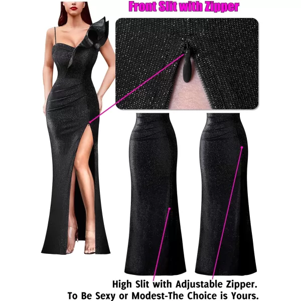 VFSHOW Womens Ruffle One Shoulder Strap Ruched Formal Prom Wedding Maxi Dress V Neck Elegant Split Cocktail Evening Long GownSparkly Black5