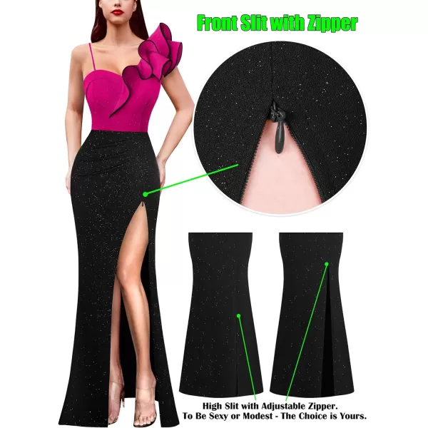 VFSHOW Womens Ruffle One Shoulder Strap Ruched Formal Prom Wedding Maxi Dress V Neck Elegant Split Cocktail Evening Long GownSparkly Hot Pink and Black