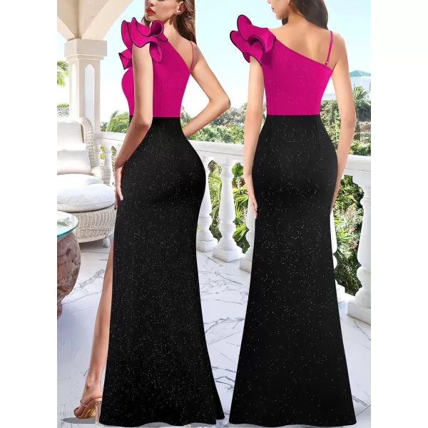 VFSHOW Womens Ruffle One Shoulder Strap Ruched Formal Prom Wedding Maxi Dress V Neck Elegant Split Cocktail Evening Long GownSparkly Hot Pink and Black