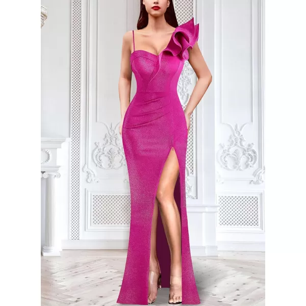 VFSHOW Womens Ruffle One Shoulder Strap Ruched Formal Prom Wedding Maxi Dress V Neck Elegant Split Cocktail Evening Long GownSparkly Hot Pink5