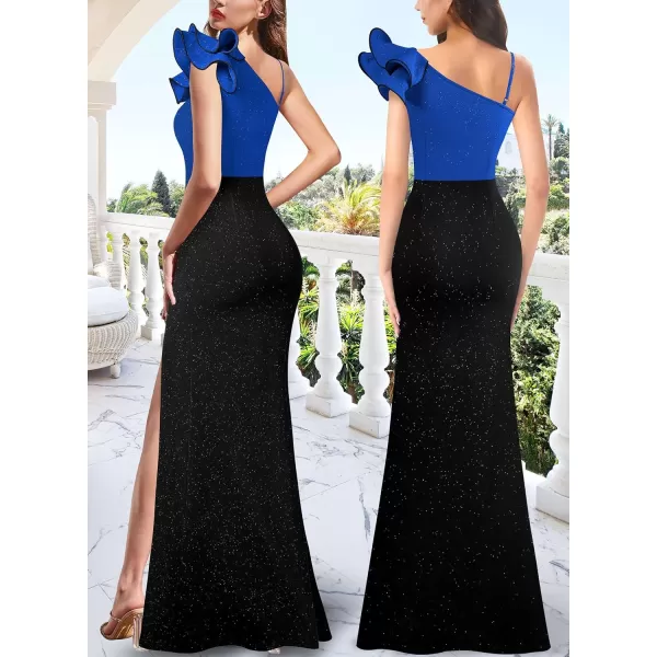 VFSHOW Womens Ruffle One Shoulder Strap Ruched Formal Prom Wedding Maxi Dress V Neck Elegant Split Cocktail Evening Long GownSparkly Royal Blue and Black