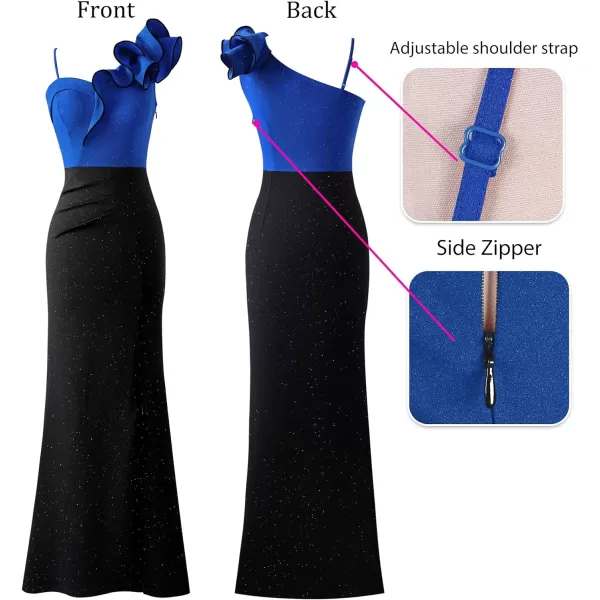 VFSHOW Womens Ruffle One Shoulder Strap Ruched Formal Prom Wedding Maxi Dress V Neck Elegant Split Cocktail Evening Long GownSparkly Royal Blue and Black