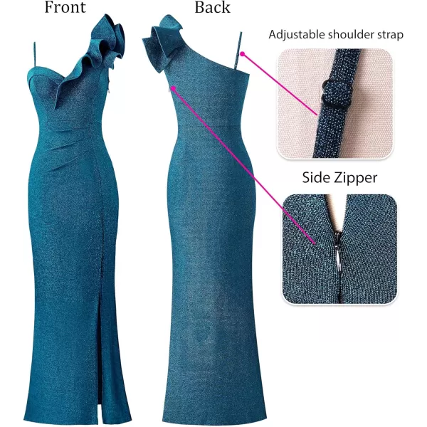 VFSHOW Womens Ruffle One Shoulder Strap Ruched Formal Prom Wedding Maxi Dress V Neck Elegant Split Cocktail Evening Long GownSparkly Teal Blue