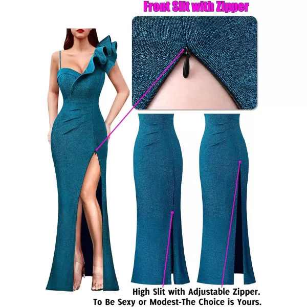 VFSHOW Womens Ruffle One Shoulder Strap Ruched Formal Prom Wedding Maxi Dress V Neck Elegant Split Cocktail Evening Long GownSparkly Teal Blue