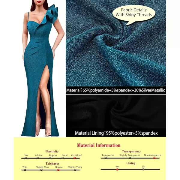 VFSHOW Womens Ruffle One Shoulder Strap Ruched Formal Prom Wedding Maxi Dress V Neck Elegant Split Cocktail Evening Long GownSparkly Teal Blue