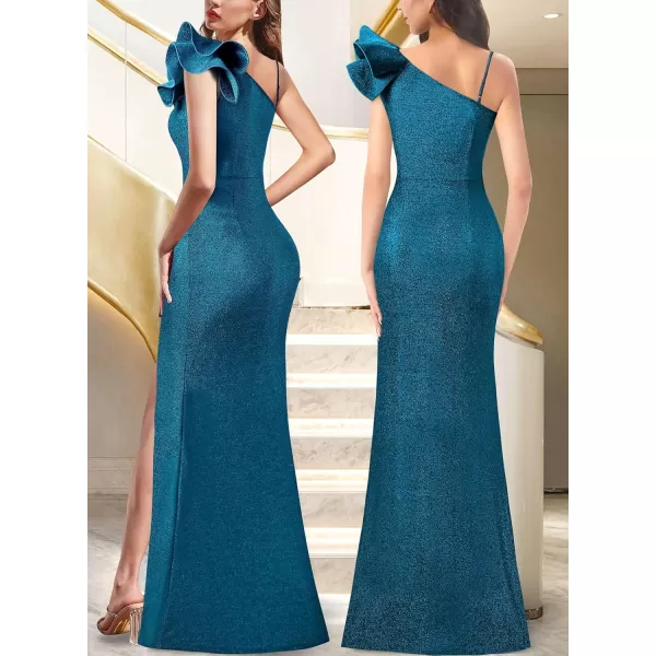 VFSHOW Womens Ruffle One Shoulder Strap Ruched Formal Prom Wedding Maxi Dress V Neck Elegant Split Cocktail Evening Long GownSparkly Teal Blue