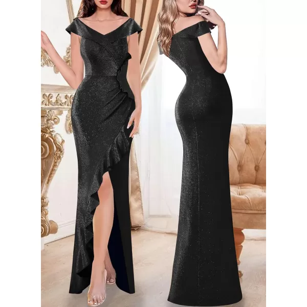 VFSHOW Womens Sexy Off Shoulder Ruched Ruffle Split Wrap Prom Formal Maxi Dress 2023 Wedding Guest Cocktail Evening Long GownSparkly Black2