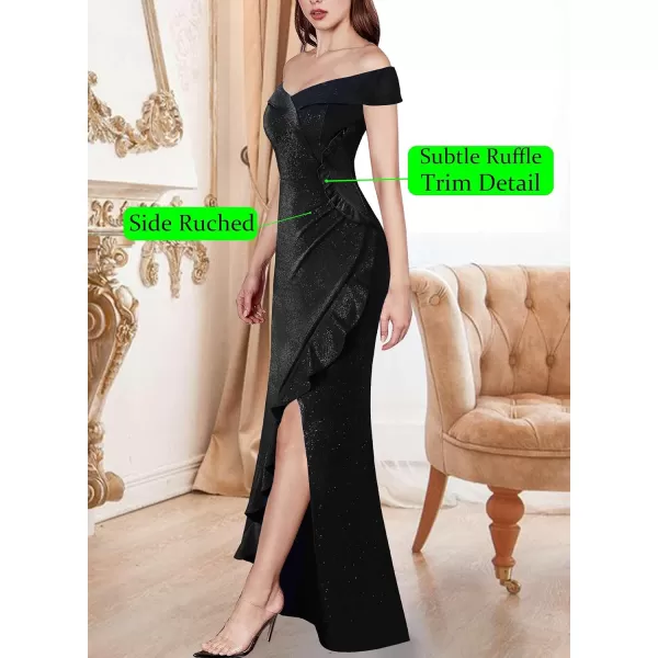 VFSHOW Womens Sexy Off Shoulder Ruched Ruffle Split Wrap Prom Formal Maxi Dress 2023 Wedding Guest Cocktail Evening Long GownSparkly Black2