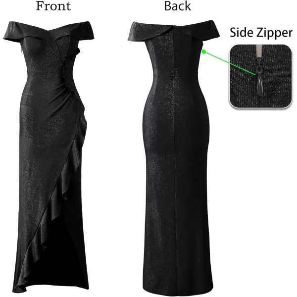 VFSHOW Womens Sexy Off Shoulder Ruched Ruffle Split Wrap Prom Formal Maxi Dress 2023 Wedding Guest Cocktail Evening Long GownSparkly Black2