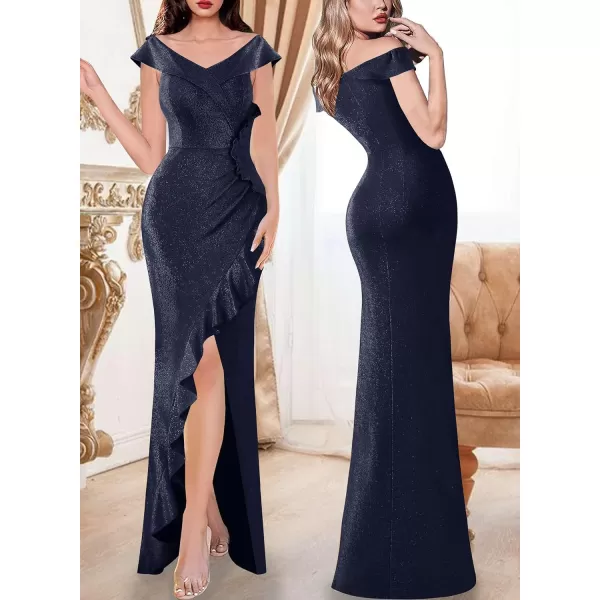 VFSHOW Womens Sexy Off Shoulder Ruched Ruffle Split Wrap Prom Formal Maxi Dress 2023 Wedding Guest Cocktail Evening Long GownSparkly Navy Blue2