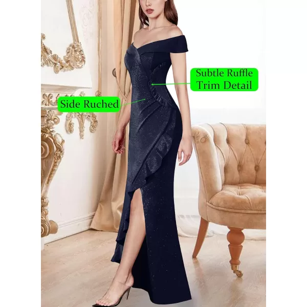 VFSHOW Womens Sexy Off Shoulder Ruched Ruffle Split Wrap Prom Formal Maxi Dress 2023 Wedding Guest Cocktail Evening Long GownSparkly Navy Blue2