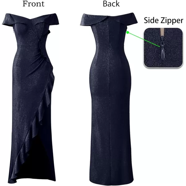 VFSHOW Womens Sexy Off Shoulder Ruched Ruffle Split Wrap Prom Formal Maxi Dress 2023 Wedding Guest Cocktail Evening Long GownSparkly Navy Blue2