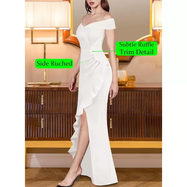 VFSHOW Womens Sexy Off Shoulder Ruched Ruffle Split Wrap Prom Formal Maxi Dress 2023 Wedding Guest Cocktail Evening Long GownSparkly Offwhite