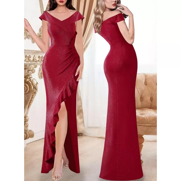 VFSHOW Womens Sexy Off Shoulder Ruched Ruffle Split Wrap Prom Formal Maxi Dress 2023 Wedding Guest Cocktail Evening Long GownSparkly Red2