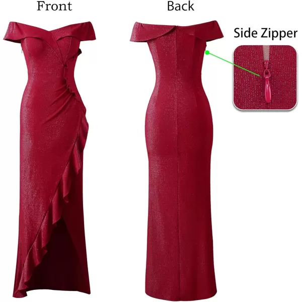 VFSHOW Womens Sexy Off Shoulder Ruched Ruffle Split Wrap Prom Formal Maxi Dress 2023 Wedding Guest Cocktail Evening Long GownSparkly Red2