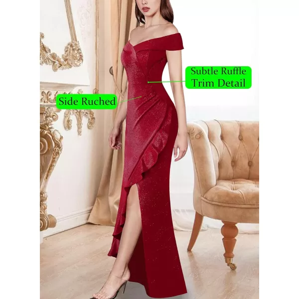 VFSHOW Womens Sexy Off Shoulder Ruched Ruffle Split Wrap Prom Formal Maxi Dress 2023 Wedding Guest Cocktail Evening Long GownSparkly Red2