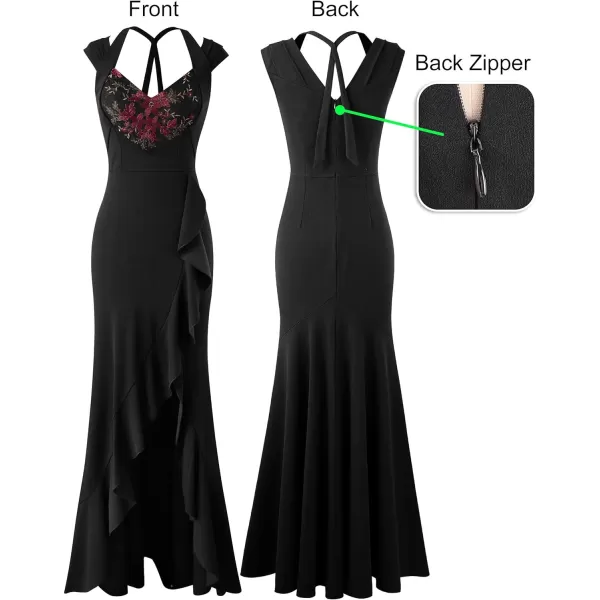 VFSHOW Womens V Halter Neck Celebrity Ruffle High Split Formal Evening Gown Wedding Prom Maxi DressSolid Black  Floral Lace Embroidery