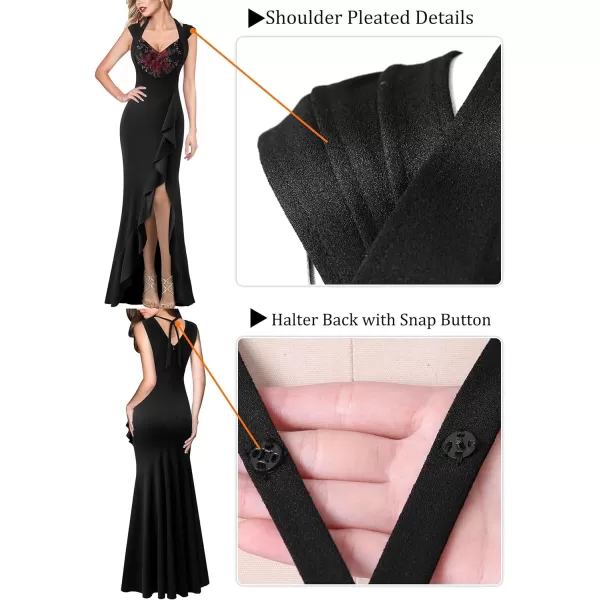 VFSHOW Womens V Halter Neck Celebrity Ruffle High Split Formal Evening Gown Wedding Prom Maxi DressSolid Black  Floral Lace Embroidery