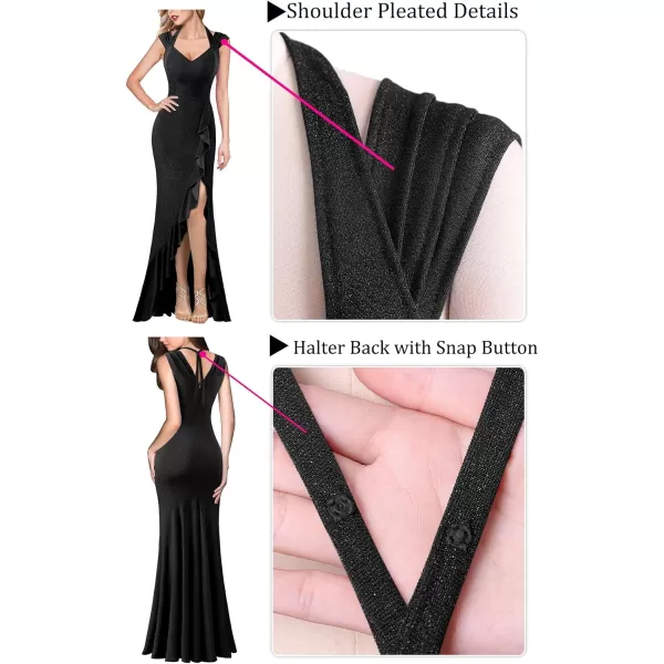 VFSHOW Womens V Halter Neck Celebrity Ruffle High Split Formal Evening Gown Wedding Prom Maxi DressSparkly Black