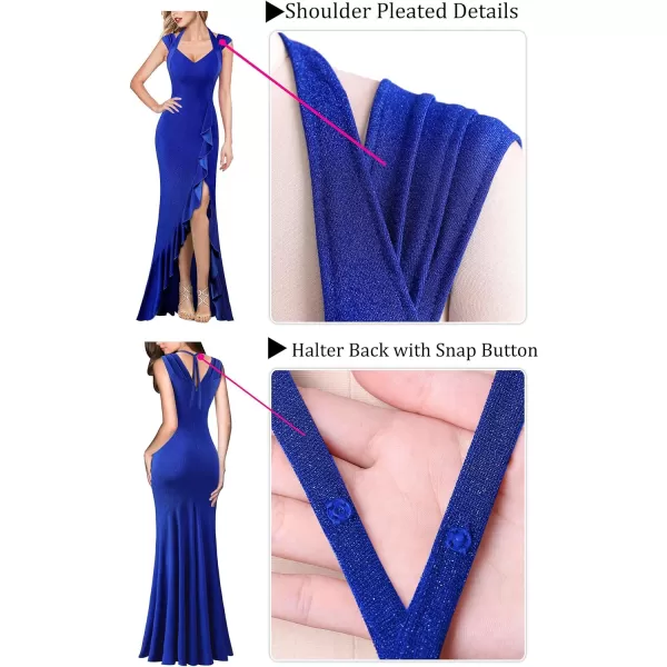 VFSHOW Womens V Halter Neck Celebrity Ruffle High Split Formal Evening Gown Wedding Prom Maxi DressSparkly Blue