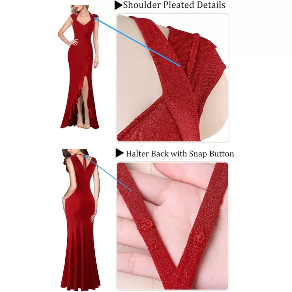 VFSHOW Womens V Halter Neck Celebrity Ruffle High Split Formal Evening Gown Wedding Prom Maxi DressSparkly Red