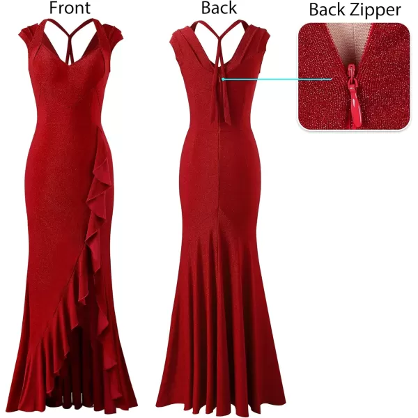 VFSHOW Womens V Halter Neck Celebrity Ruffle High Split Formal Evening Gown Wedding Prom Maxi DressSparkly Red